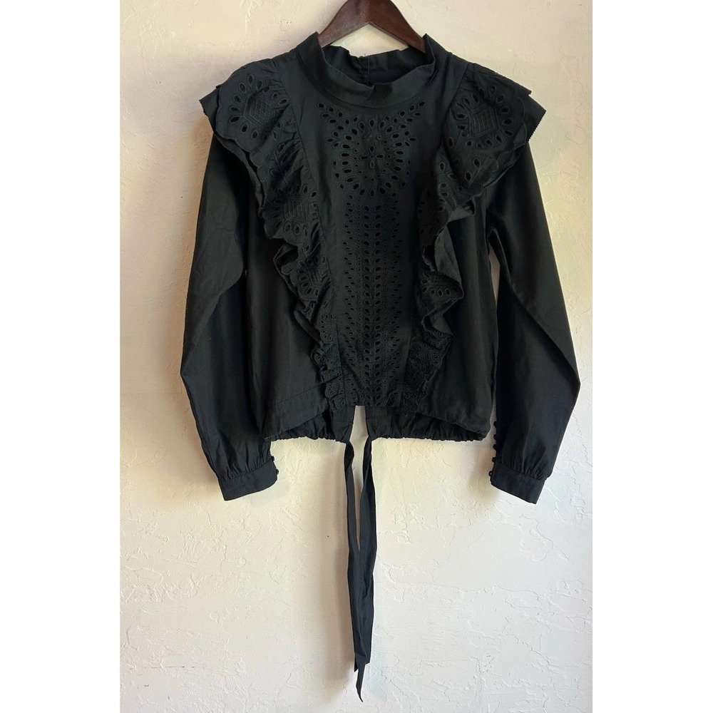 LOA Lidia Aguilera Black Eyelet Lace‎ Ruffle Top M Designer Runway Romantic Goth